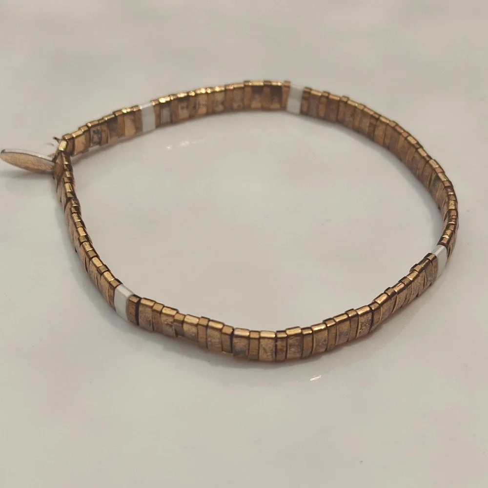 Serefina Gold Tone White Enamel Tile Stretch Bracelet Square Bead Modern Boho